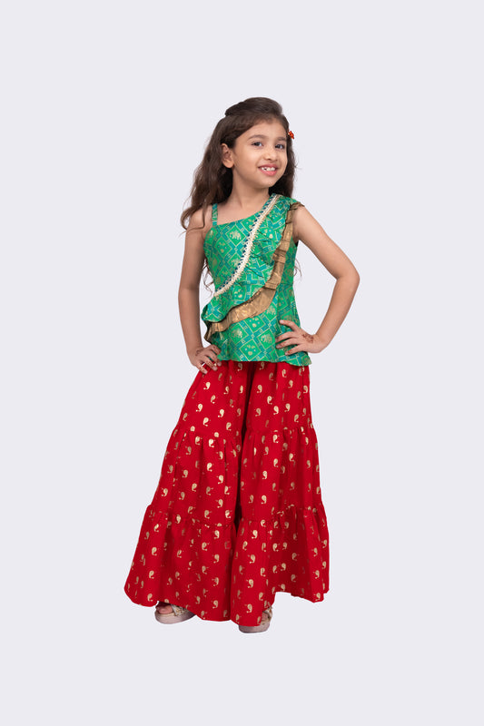 Twisha Girls Sleeveless  Polyester One Shoulder Top With Sharara - Green & Red