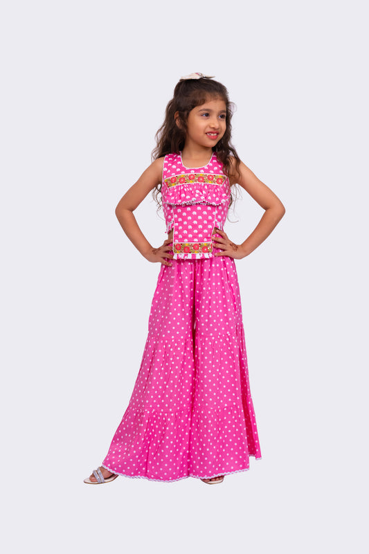 Twisha Cotton Sleeveless All Over Printed  Top with Sharara - BabyPink & White