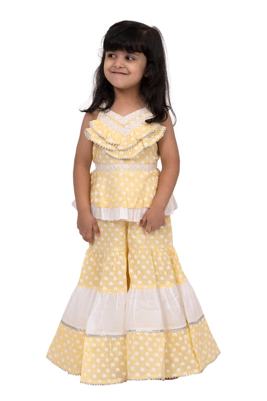 Twisha Cotton Sleeveless elephant Printed Top with Sharara - Yellow & White