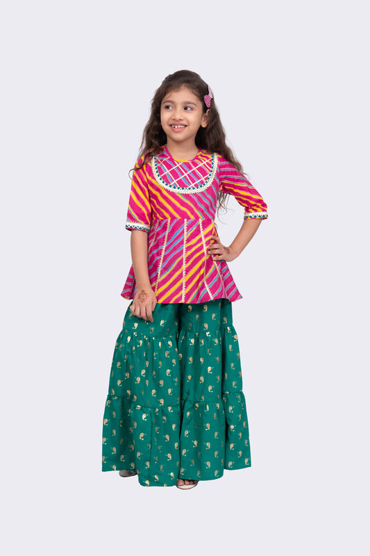 Twisha Cotton 3/4Sleeves Leheriya Printed Top with Sharara - Pink & Green