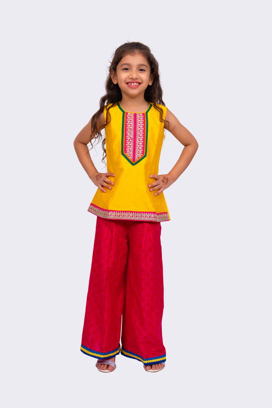Twisha Sleeveless Embellished Top with Palazzo -Yellow & Pink
