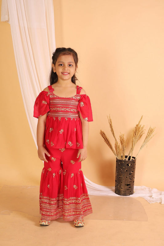 Twisha Girls Embroidered Top With Embroidered Palazzo - Red