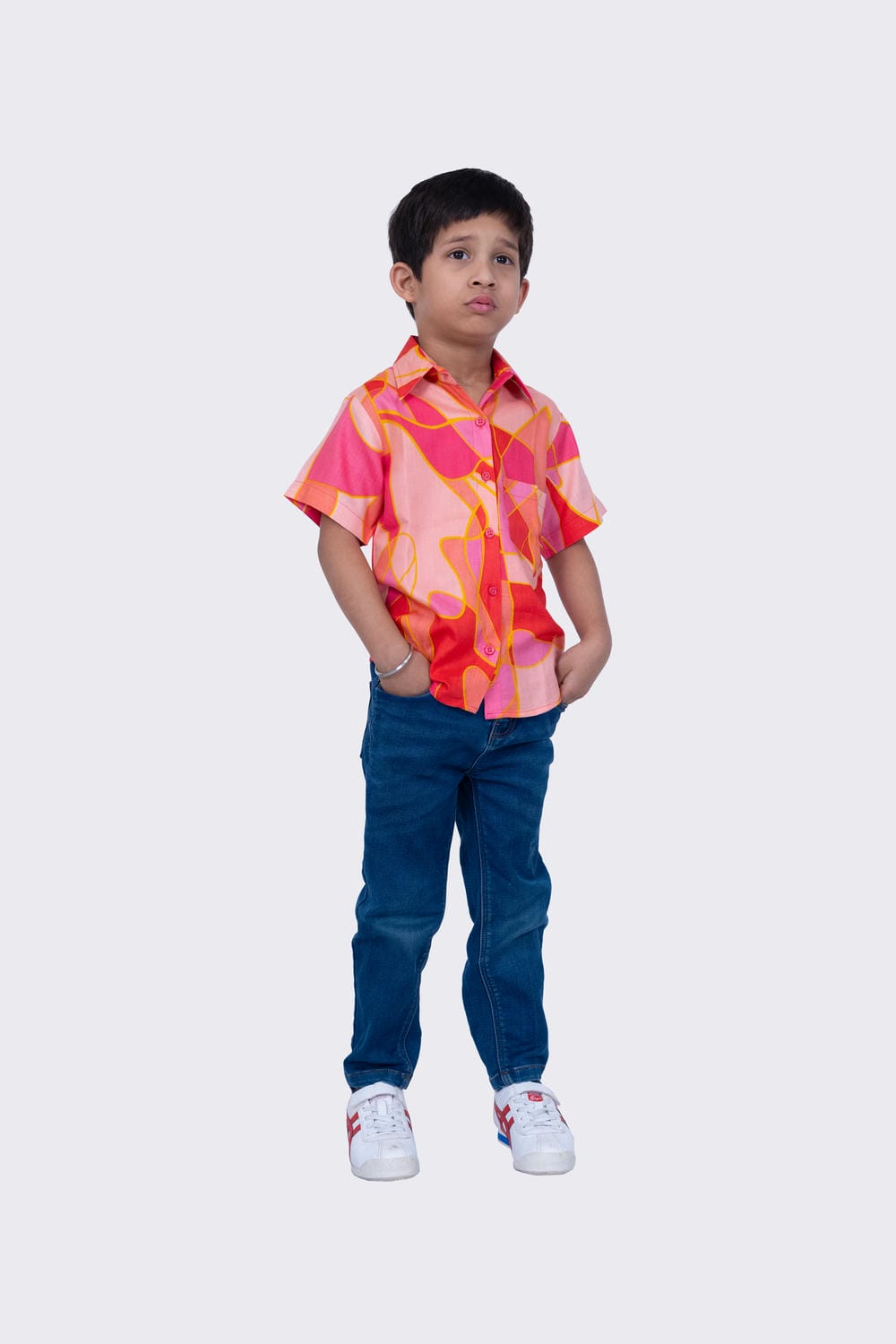 Twisha Boy's Half Sleeves Cotton Geometric Print  Shirt  -Coral