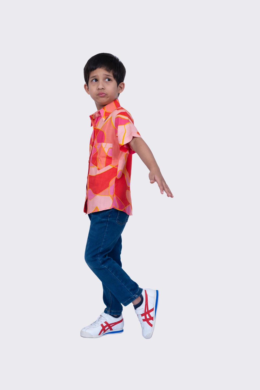 Twisha Boy's Half Sleeves Cotton Geometric Print  Shirt  -Coral
