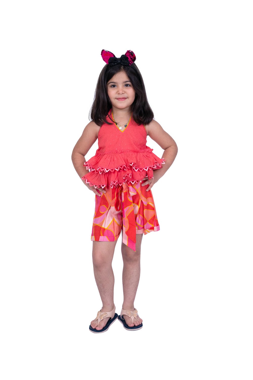 Twisha Girl's Halter Neck Cotton  Frilled Top and Geometric Shorts - Coral