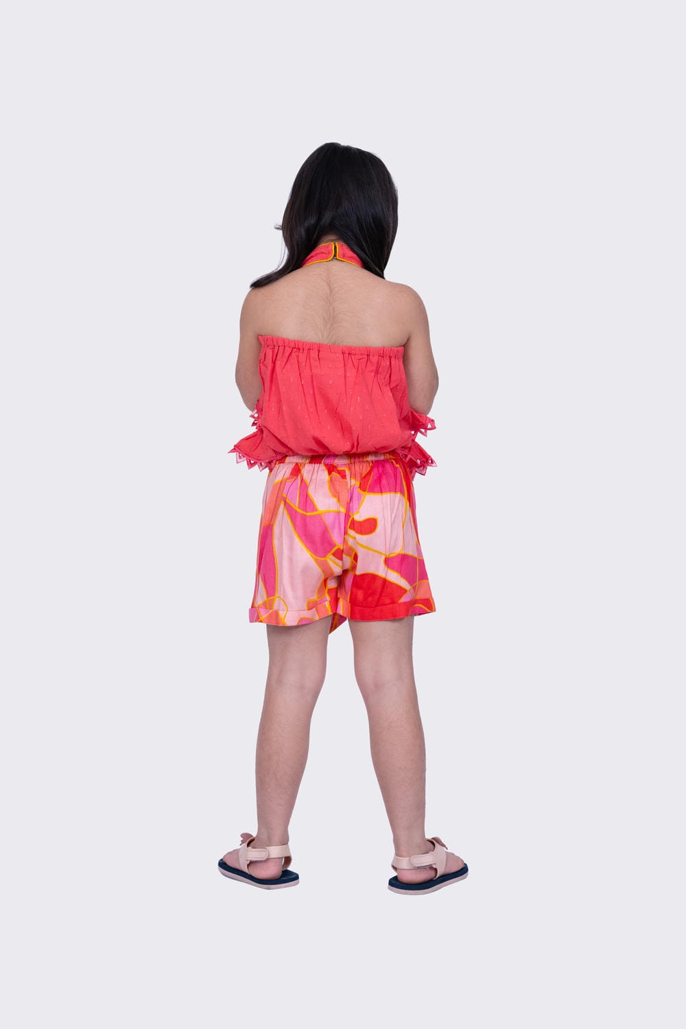 Twisha Girl's Halter Neck Cotton  Frilled Top and Geometric Shorts - Coral