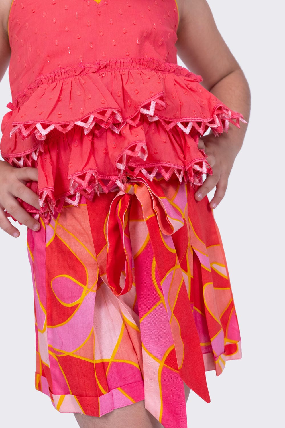 Twisha Girl's Halter Neck Cotton  Frilled Top and Geometric Shorts - Coral
