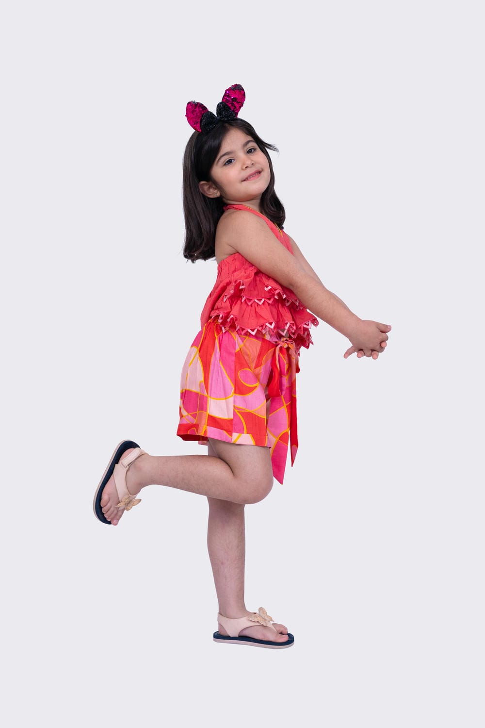 Twisha Girl's Halter Neck Cotton  Frilled Top and Geometric Shorts - Coral