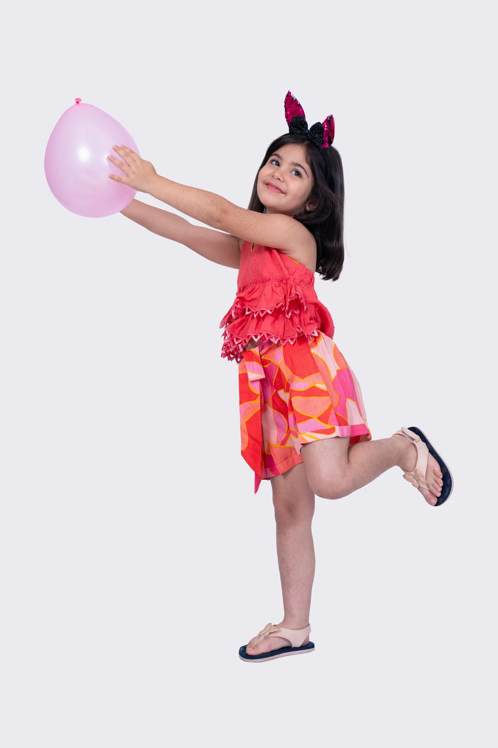Twisha Girl's Halter Neck Cotton  Frilled Top and Geometric Shorts - Coral