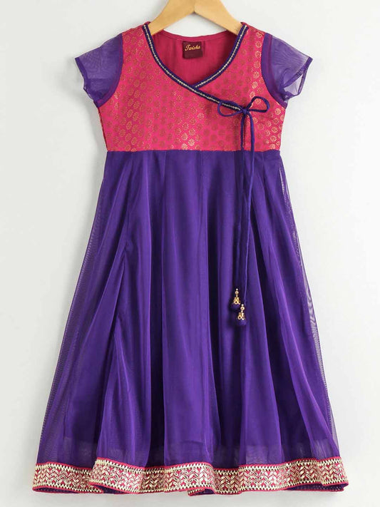 Angarakha Style Net Kurta With Brocade Yoke & Ps Chudidar-Fuschia