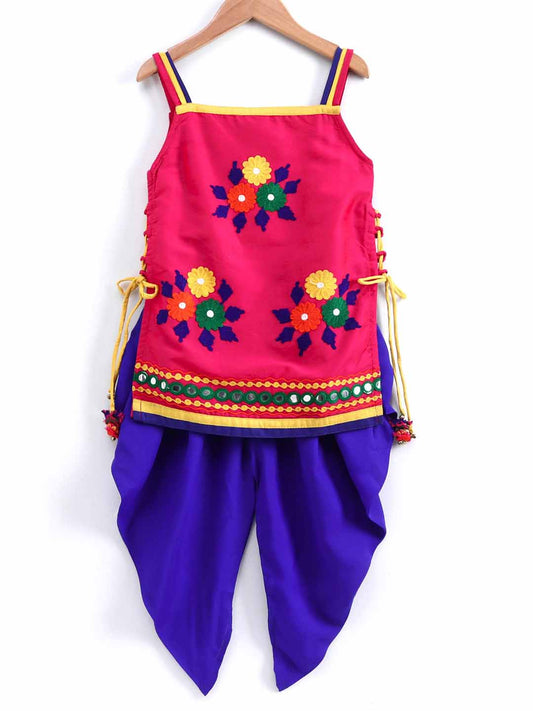 Sleeveless Yoke Embroidery Work Kurta With Dhoti - Pink & Blue