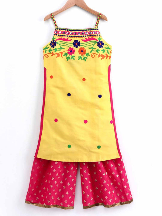 Floral Embroidered Long Kurta With palazzo - Yellow