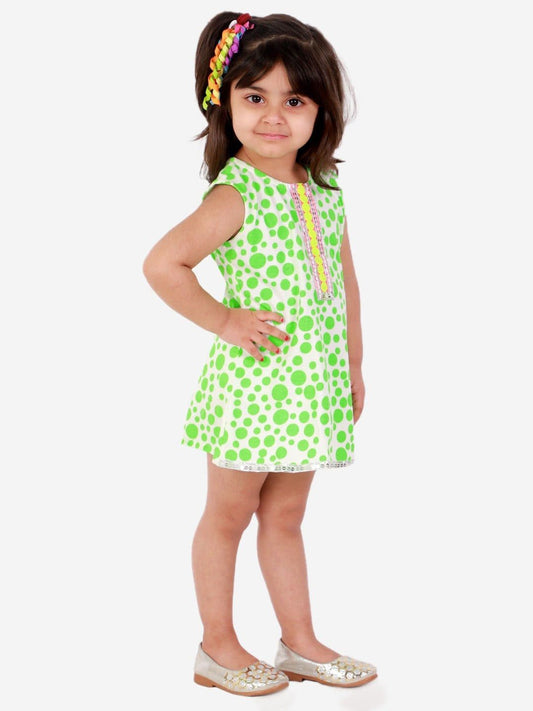 Dotted Girls A- Line Dress White And Green