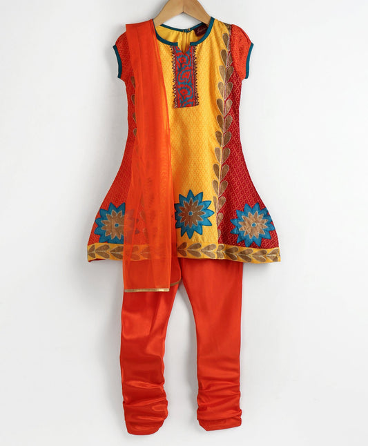 Girls Trendy And Fashionable Color Block Kurta & Churidar With Dupatta- Mustard & Orange