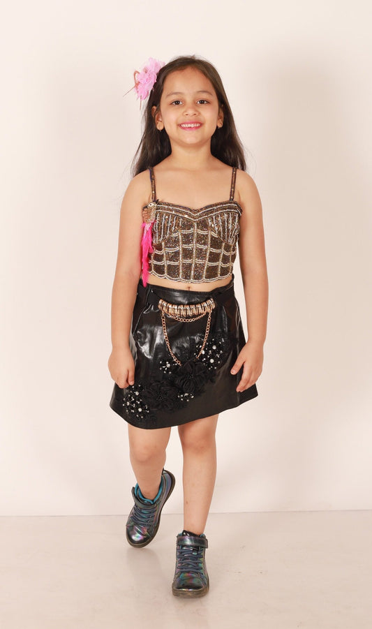 Twisha Girls Heavy Embroidered Desigers Top & Leather Skirt Embellished With Floral Patch - Black