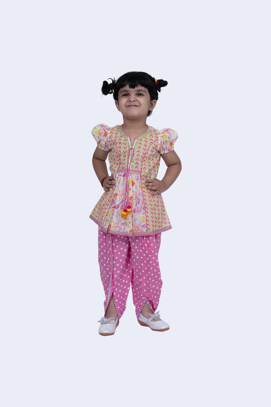 Twisha Girls Top & Dhoti Set - White & Pink