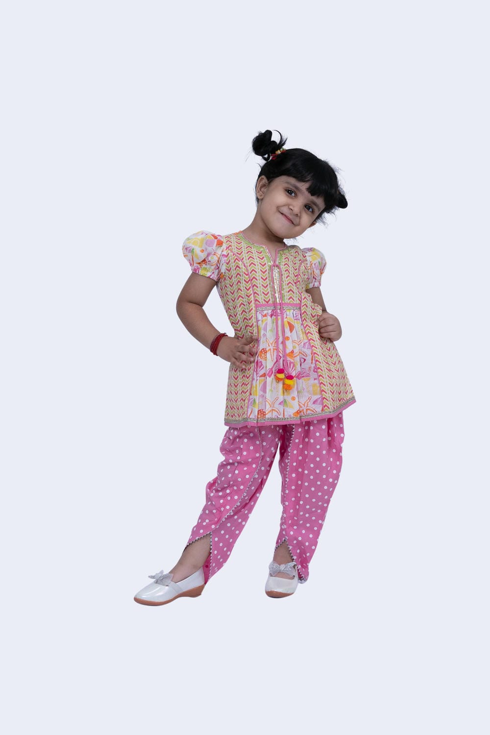 Twisha Girls Top & Dhoti Set - White & Pink