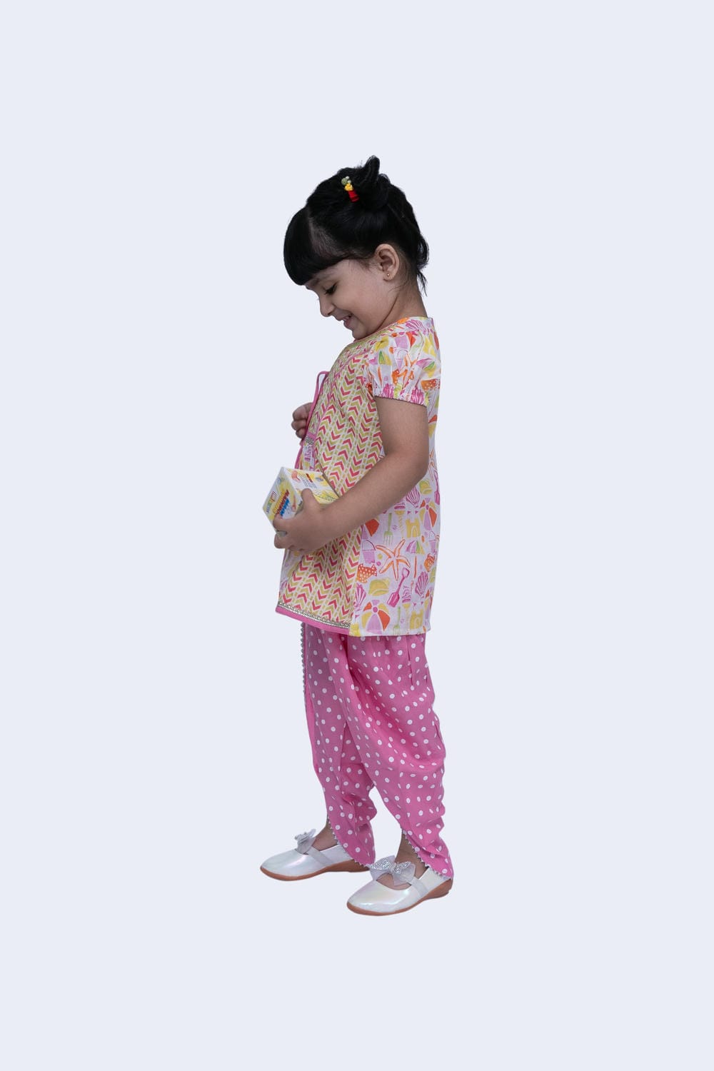 Twisha Girls Top & Dhoti Set - White & Pink