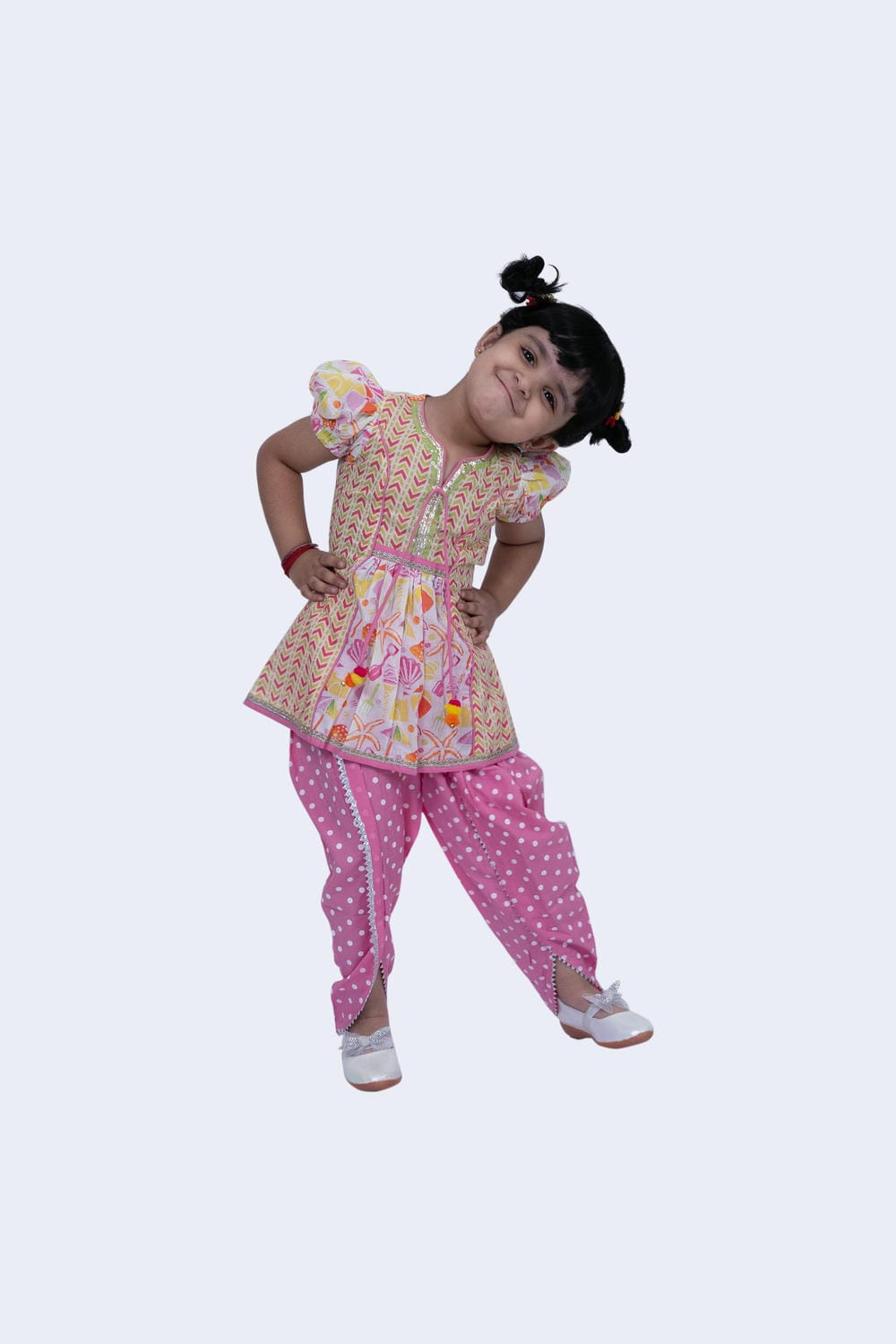 Twisha Girls Top & Dhoti Set - White & Pink