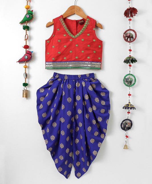 Twisha Girls Embellished Top With Dhoti Pants - Red & Blue