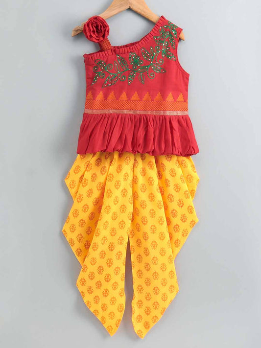 Twisha Girls Embroidered Kurta With Dhoti- Pink & Yellow