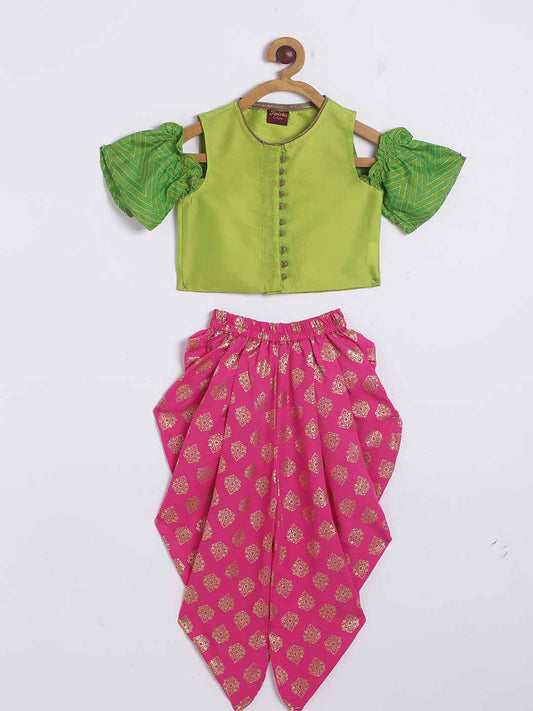 Girls Printed Top & Designer Dhoti - Green & Pink
