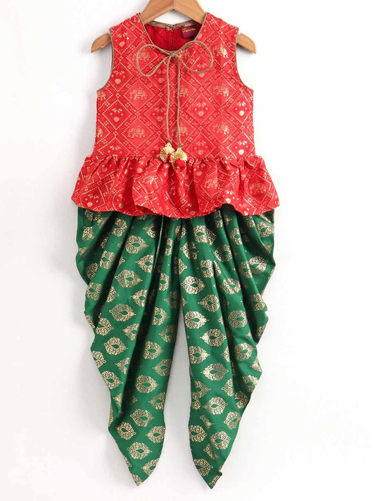 Sleeveless Top With Designer Dhoti - Red & Green