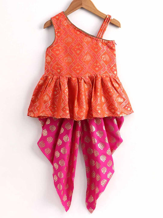 Twisha Sleeveless Brocade Asymmetrical Neck Top With Dhoti- Orange & Pink