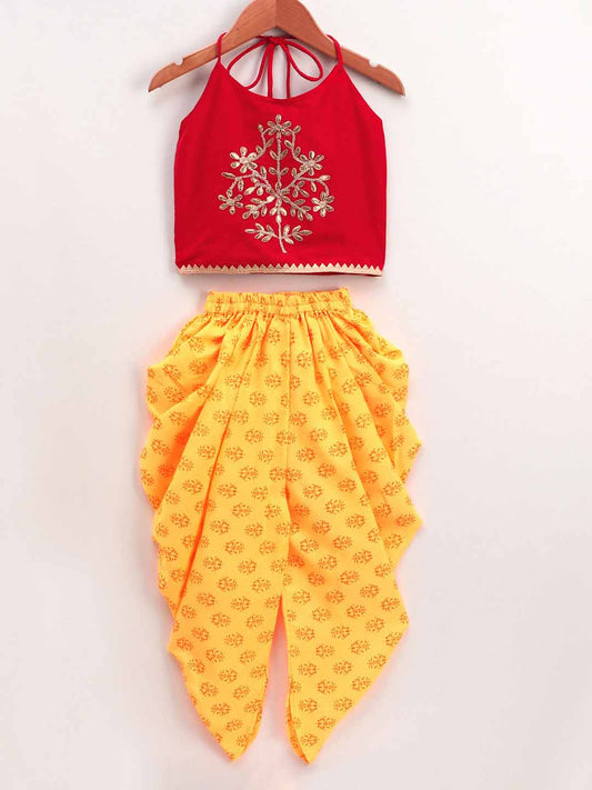 Golden Floral Embroidered Sleeveless Choli With Dhoti - Red & Yellow