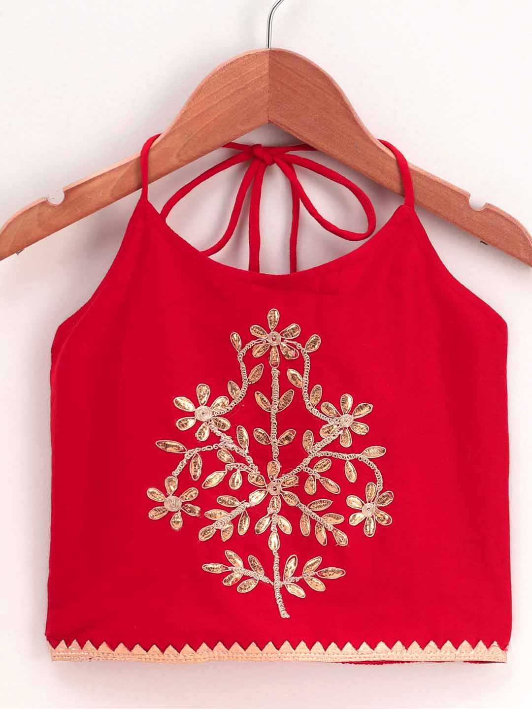 Golden Floral Embroidered Sleeveless Choli With Dhoti - Red & Yellow