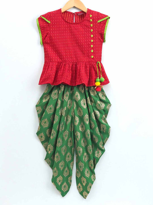 Short Sleeves Potli Button Decorated Top With Dhoti - Red & Green