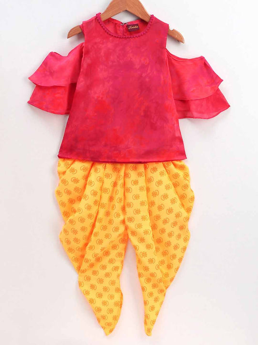 Printed Cold Shoulder Half Sleeves Top With Dhoti - Pink & Yellow