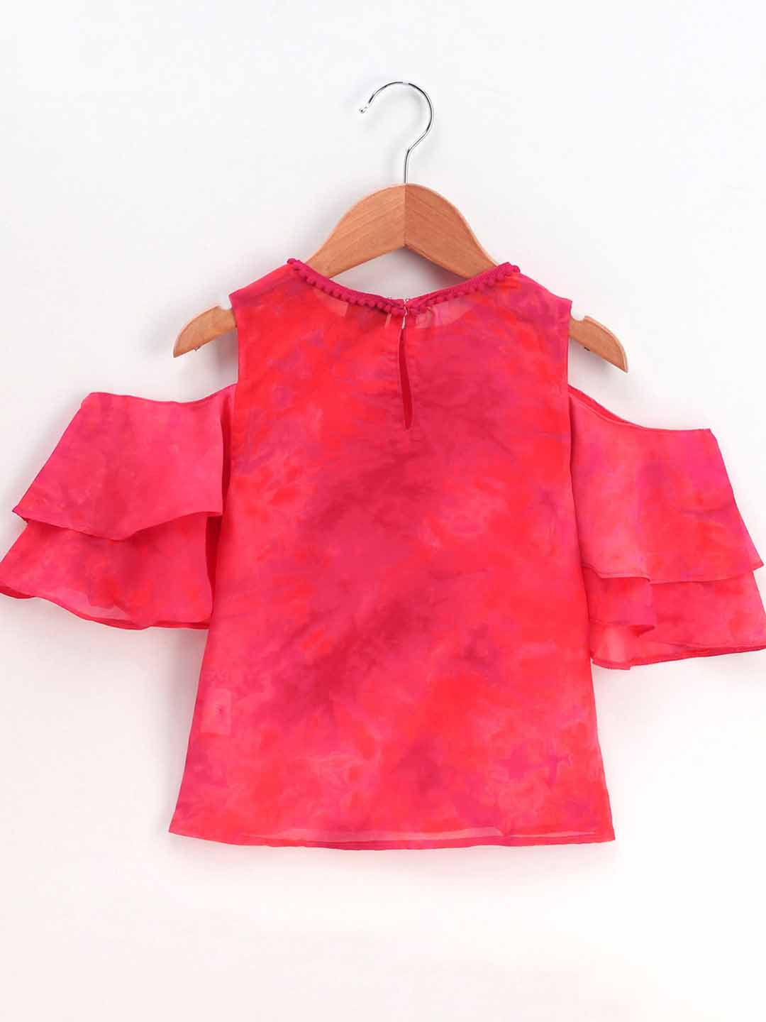 Printed Cold Shoulder Half Sleeves Top With Dhoti - Pink & Yellow