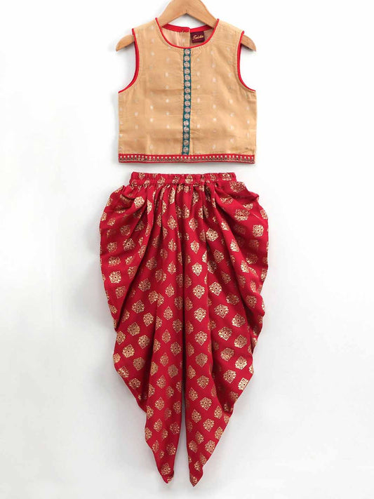 Sleevless Polka Dot Pattern Top With Dhoti- Beige & Maroon