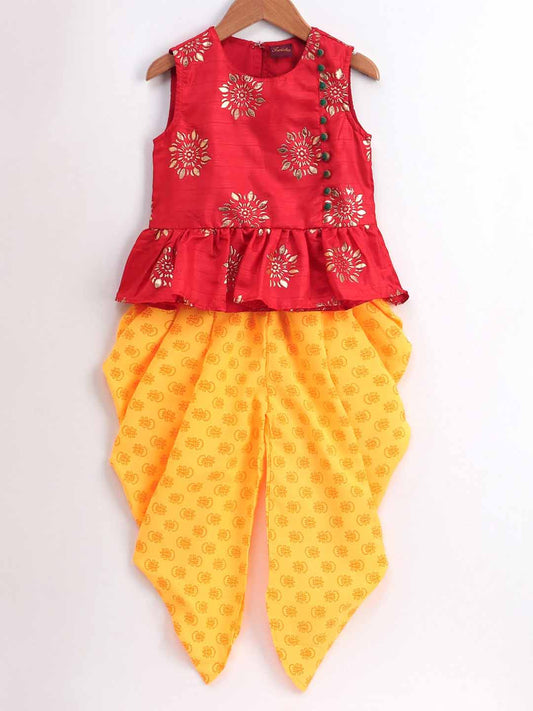 Gold Print Peplum Top With Floral Gold Print Dhoti - Red & Yellow