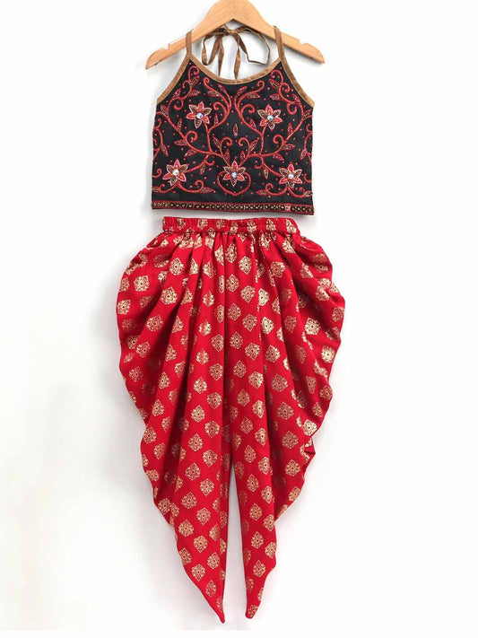 Floral Beaded Top With Dhoti - Black