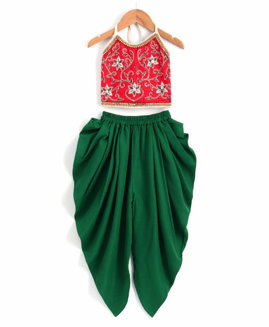 Girls Beadwork Embroidery Top With Dhoti Set-Red Green