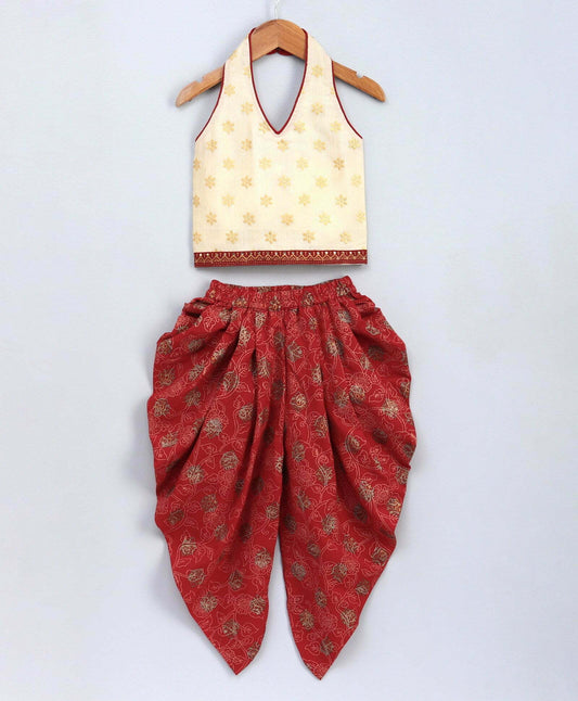 Girls Layered Top With Dhoti Set-Off White And Red