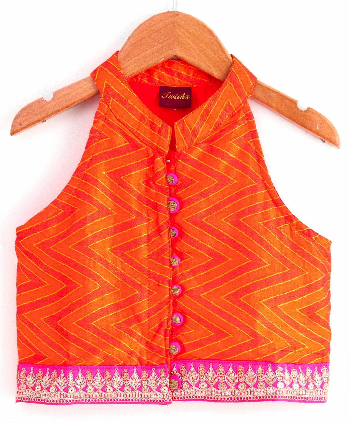 Girls Incut Chevron Design Top With Dhoti Set-Orange And Pink