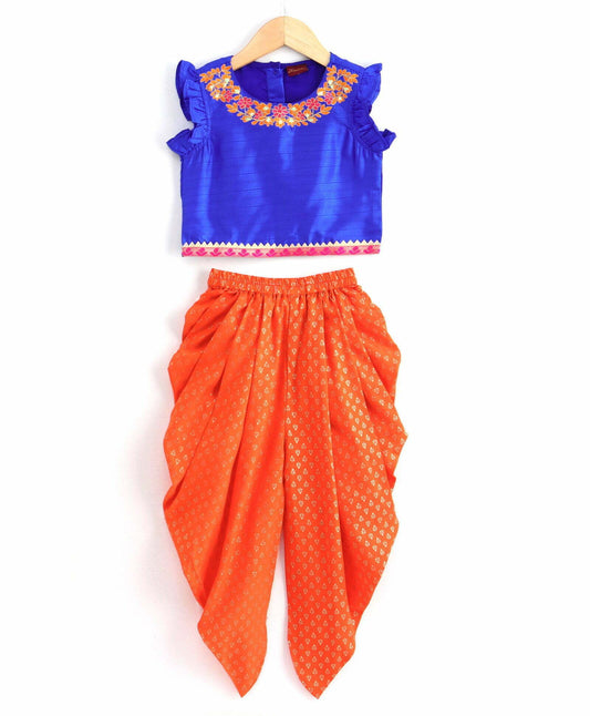 Girls Embroidered Neckline Top With Dhoti Set-Blue And Orange