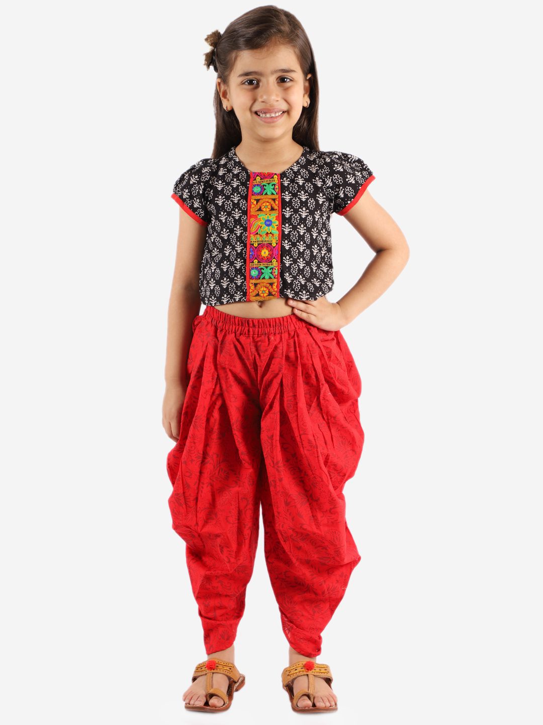 Twisha Girls Short Sleeves Printed Top With Dhoti Set-Black & Red