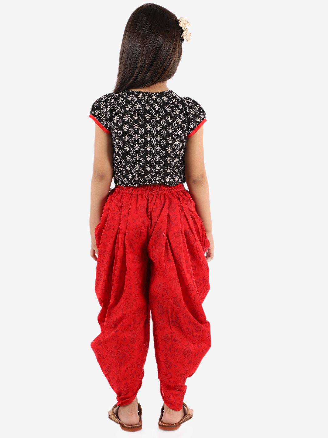 Twisha Girls Short Sleeves Printed Top With Dhoti Set-Black & Red