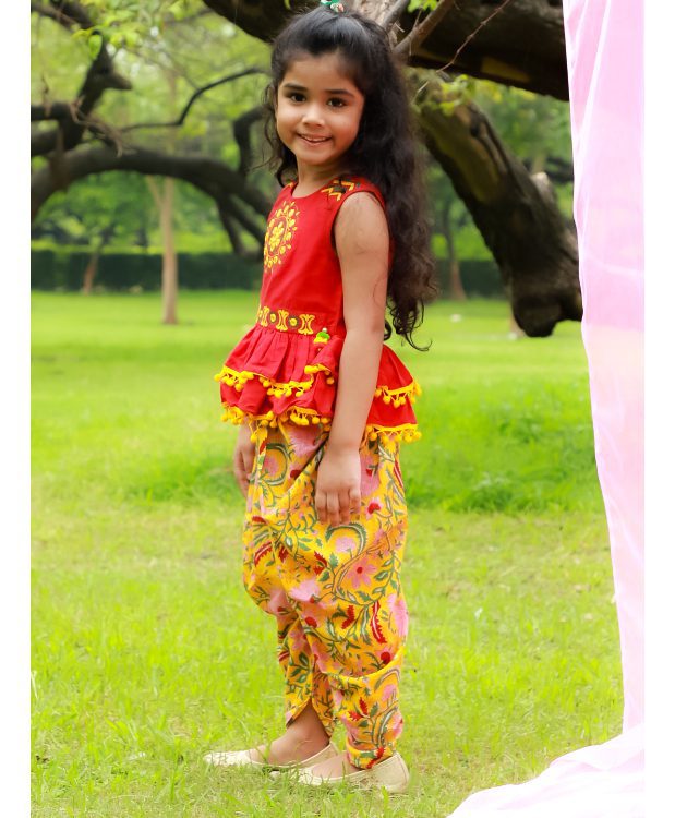 Twisha Girls Peplum Top and Dhoti - Red & Yellow