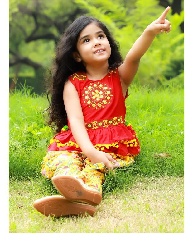 Twisha Girls Peplum Top and Dhoti - Red & Yellow
