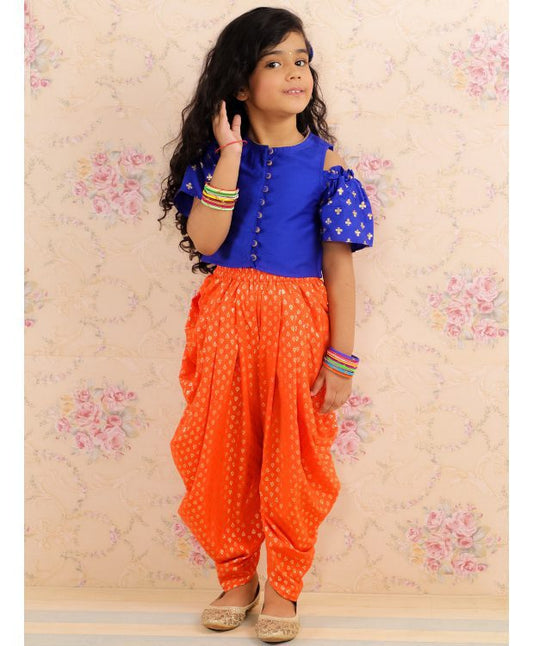 Cold Shoulder Top with Dhoti- Blue & Orange