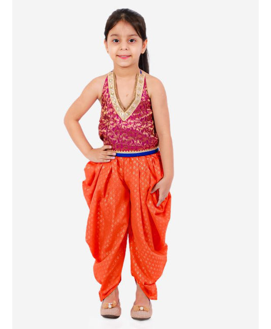 Twisha Girls Brocade with Emroidery Deatil Top And Printed Dhoti -Majenta And Orange