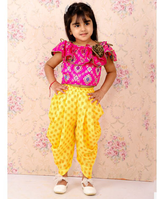 Twisha Girls Brocade with Frill Detail Top And Dhoti Set-Pink And Yellow