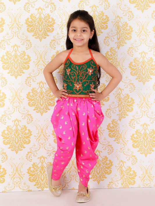 Twisha Girls Hand Embroidery Tie Up Top  with dolphin printed Dhoti set-Green& Pink
