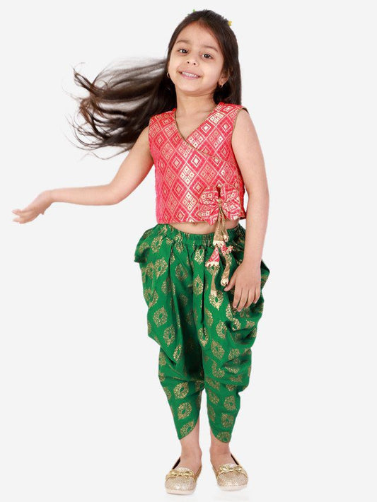 Girls Brocade Top With Designer bow and tassles with printed Dhoti - Red & Green