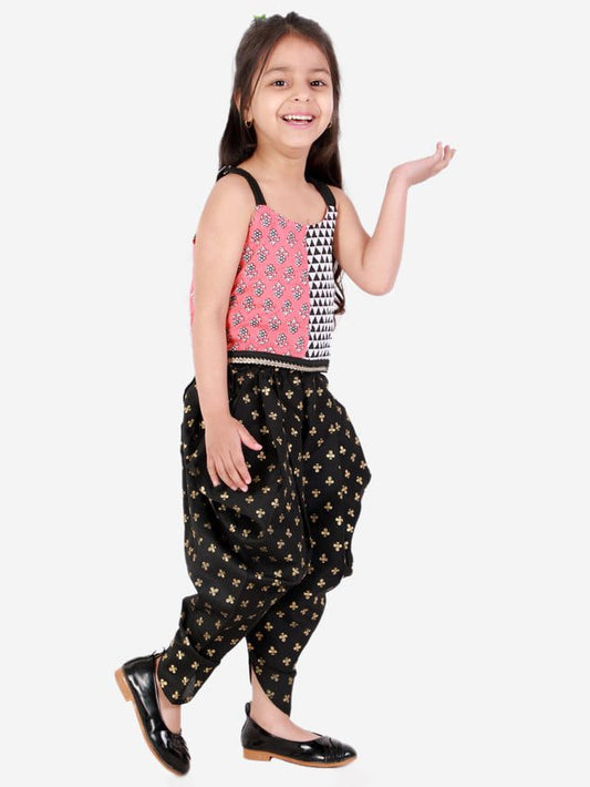 Twisha Girls half  & half print  top with printed Dhoti set - Pink & Black